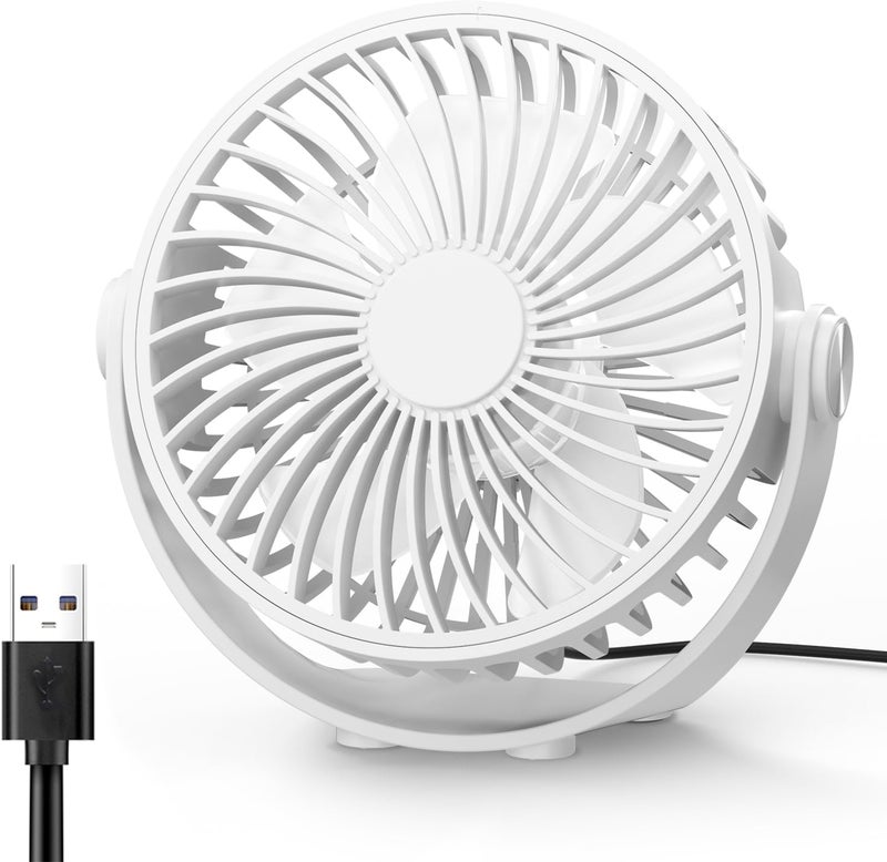 Edvision USB Desk Fan, 5 Inch Mini Portable, 3 Speeds Strong Airflow Personal Desktop, Detachable Cooling Fan 360° Rotation Quiet Small Fan for Desk Home Office Travel Car, White, 5ft Cable - Image 1